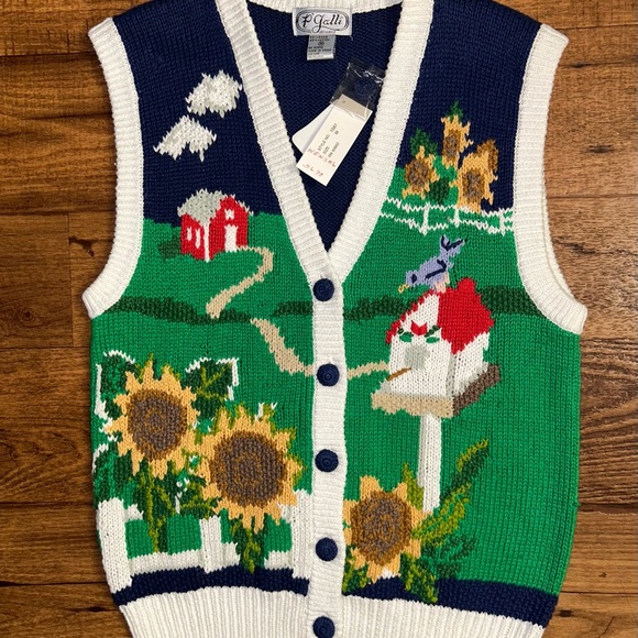 P’ Galli Designs~Blue/Green Medium Vest W/Sunflower & Barn Scene Embroidery (New - Picture 2 of 14